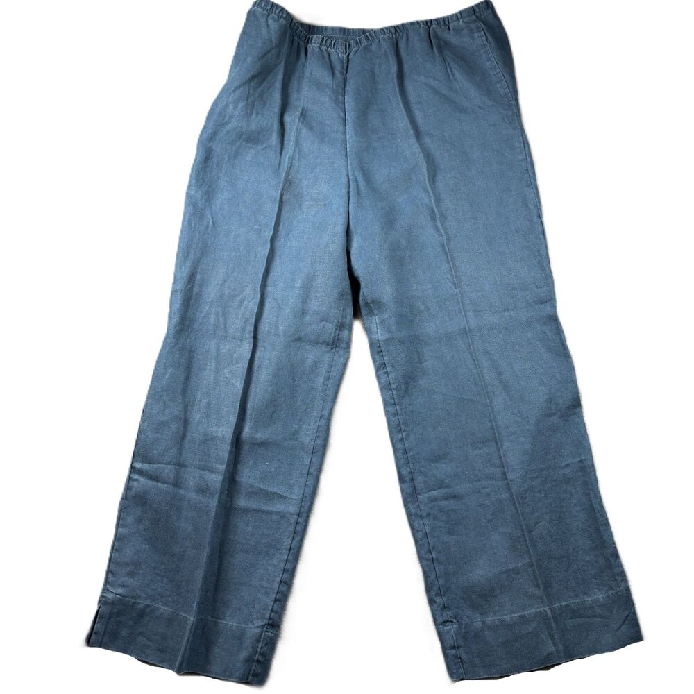 J Jill Linen Pull On Pants Creased Front Pockets Denim Blue Large Tall LT L263